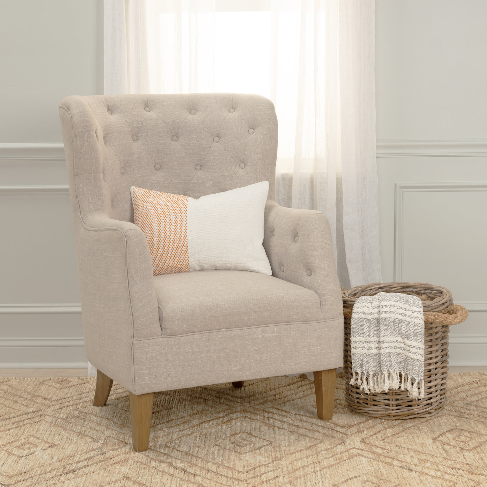 Farina Embroidered Cotton Lumbar Throw Pillow, Ivory/Orange
