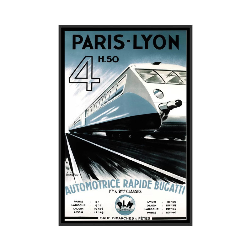 « paris-lyon train », affiche rétro sur toile, H 26 po x l 18 po x P 1,5 po, Toile avec cadre noir, Pas de tapis