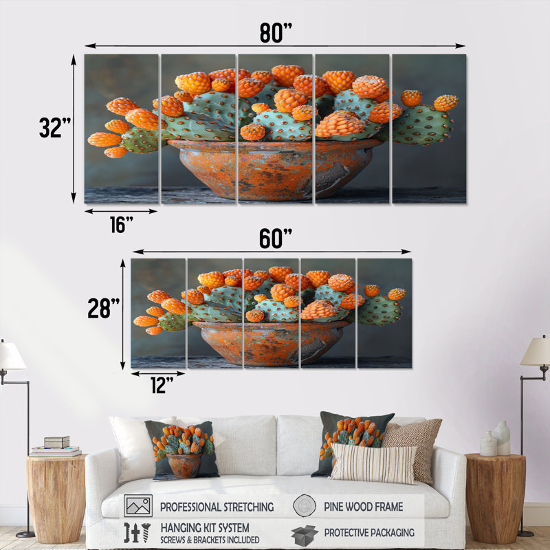 Orange orange vert, photo monochrome de cactus dans un vase I - ensemble d'art mural floral cactus, H 28 po x l 60 po