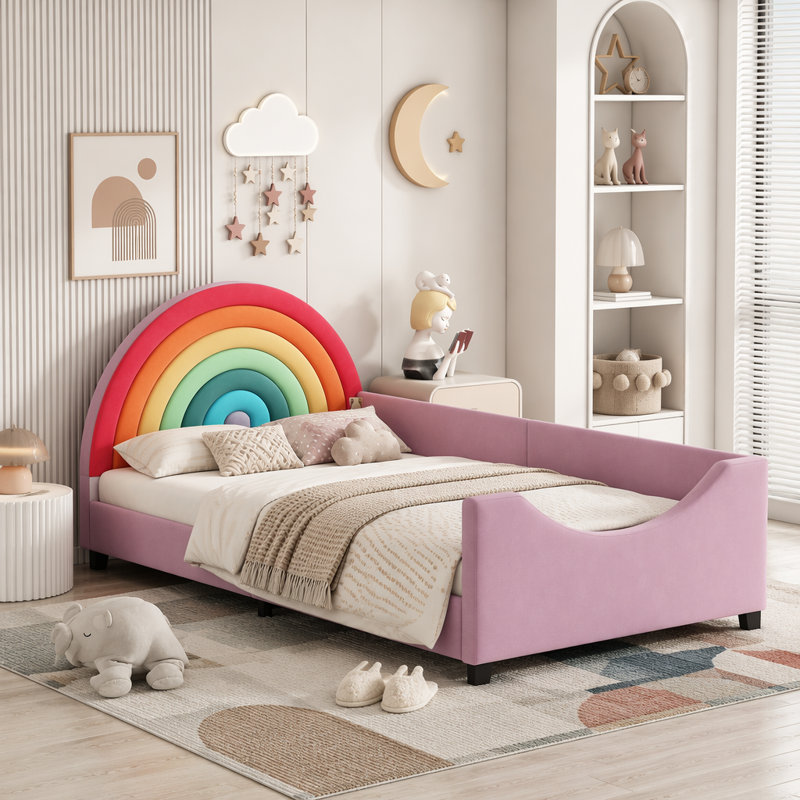 Lit simple tapissier pour enfants Rainbow, Avec garde-corps latéraux, Coloré