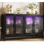 Buffet avec rangement et lumières à DEL, grande armoire en bois de 55 po avec 4 portes en verre cannelé-106644777