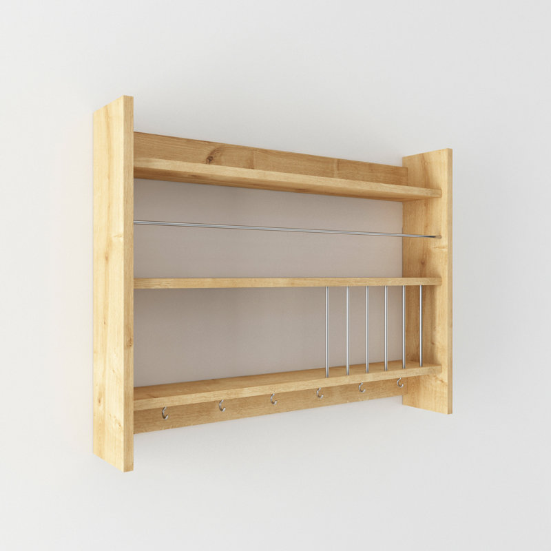 Carmeletta 3 Piece Accent Shelf with Hooks, Oak