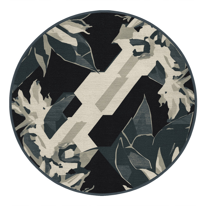 Machine Washable Parrilla Jade Plant Coastal Geometric Rug in Black – Black Binding, 5' Round