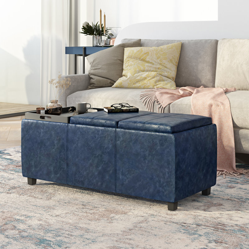 Avalon 42"W Upholstered Contemporary Rectangular Flip-Top Storage Ottoman with Hidden Storage, Denim Blue Vegan Faux Leather