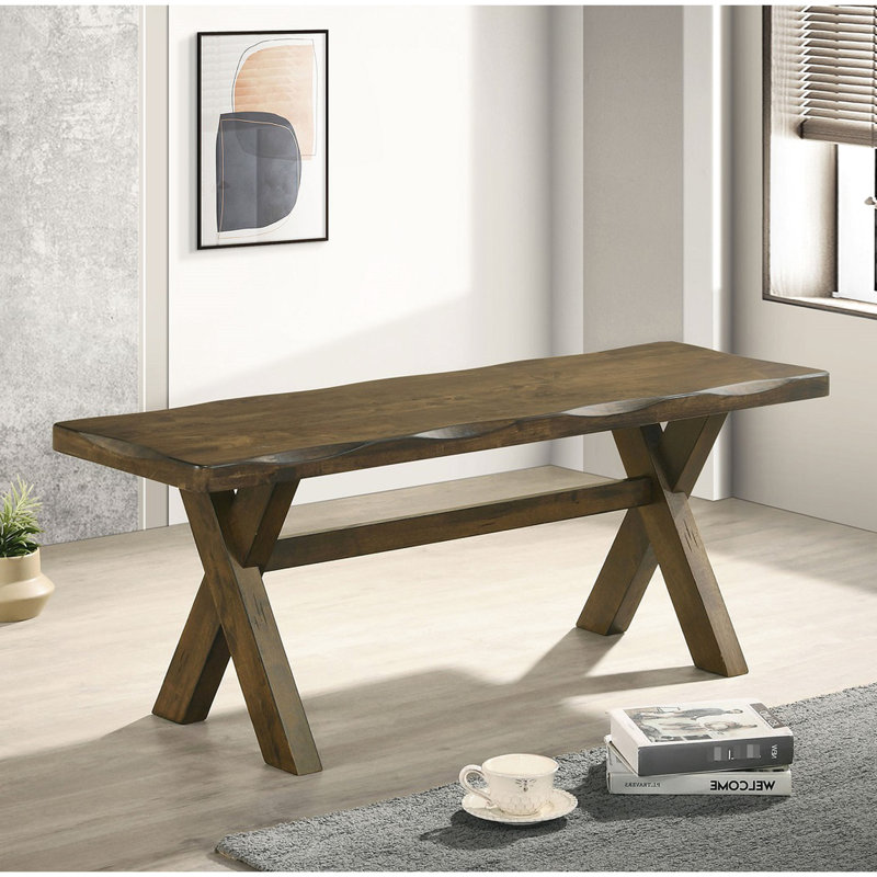 Banc de salle à manger de 47 pouces en bois d'hévéa massif avec aspect noyer muscade, siège lisse, bords usés et base à tréteaux pour banc décoratif, avec contour traditionnel
