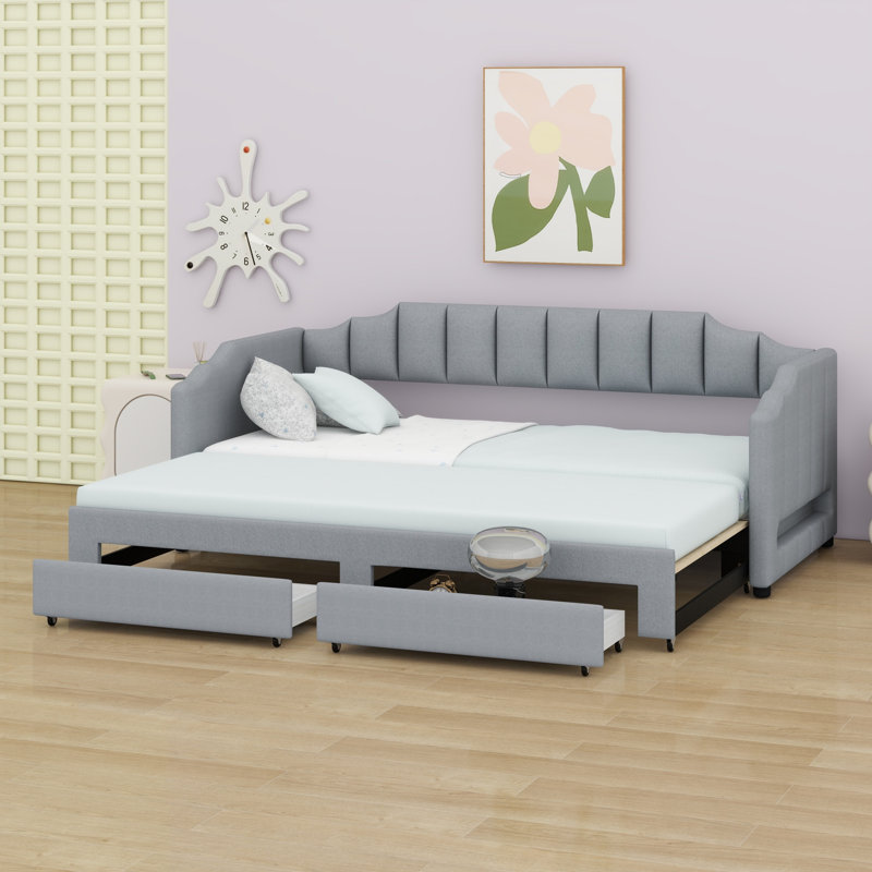 Lit de jour rembourré extensible avec tiroirs de rangement et lumière DEL, Gris