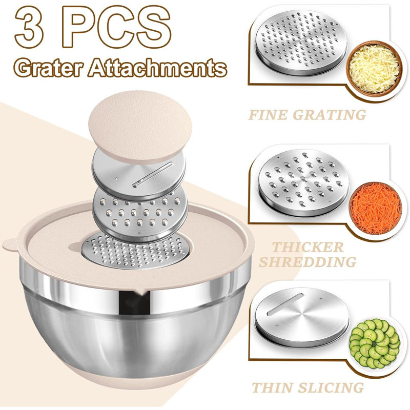 Stainless Steel Mixing Bowls Set with Airtight Lids and Grater Attachments