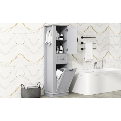 Soft - Close Hinges 80Lbs Capacity Tall Cabinet With Tilt Out Compartment, Adjustable Shelves, Aluminum Alloy Handles For Bathroom, Laundry Room And Home. Gray Rectangle 2 Drawers, 1 Door, Toppling