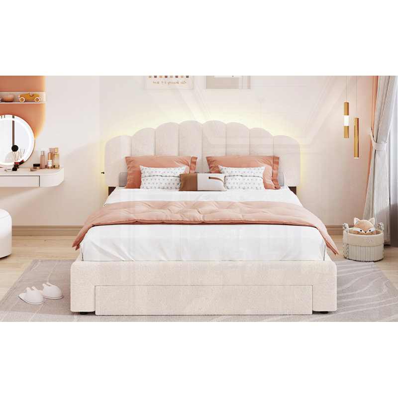 Grand lit plateforme tapissier Teddy, Beige