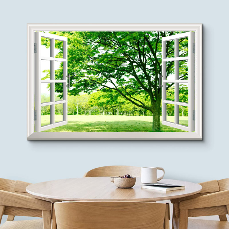 "Fenêtre vue du champ de fleurs vertes", H 16 po x l 24 po