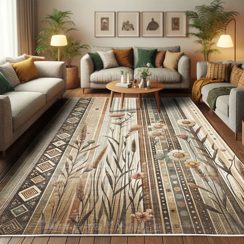 Earthy Tan and Pale Teal Striped Synthetic Area Rug 2'3" x 3'9"