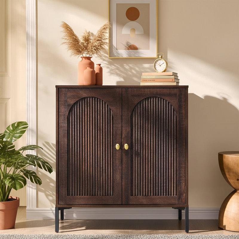 Buffet haut arqué cannelé de 34 po avec tablettes réglables - Buffet blanc moderne, Brun