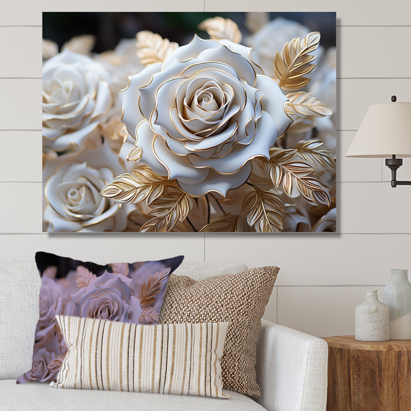 «White and Gold Rose Passion - Roses», reproduction sur toile encadrée, Toile tendue, H 24 po x l 32 po x P 1 po