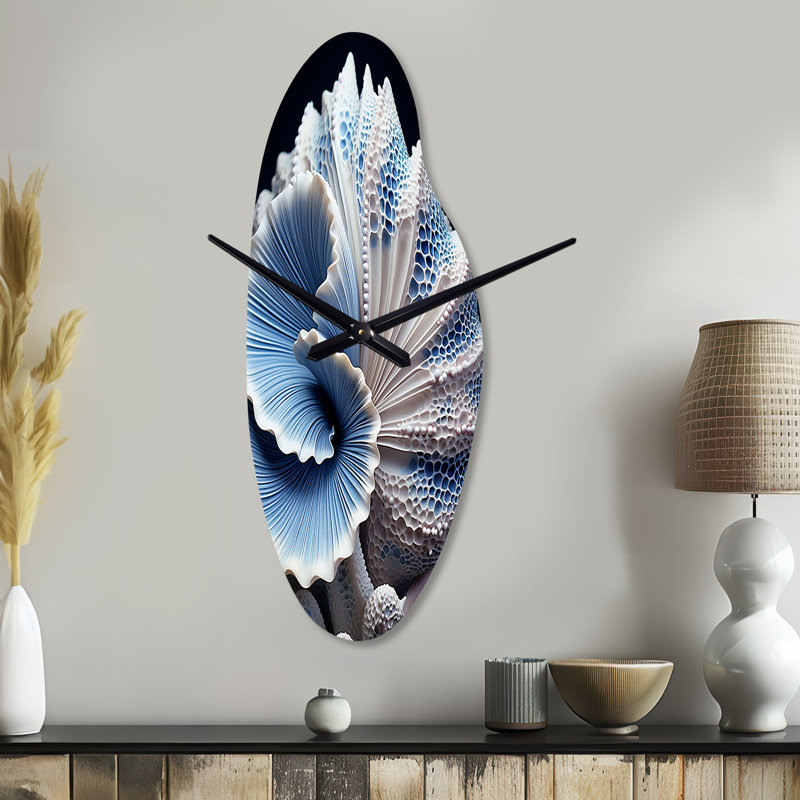 Blue Seashell Symphony - Seashell Asymmetrical Metal Wall Clock, Blue Curved Metal Wall Clock Print, Medium