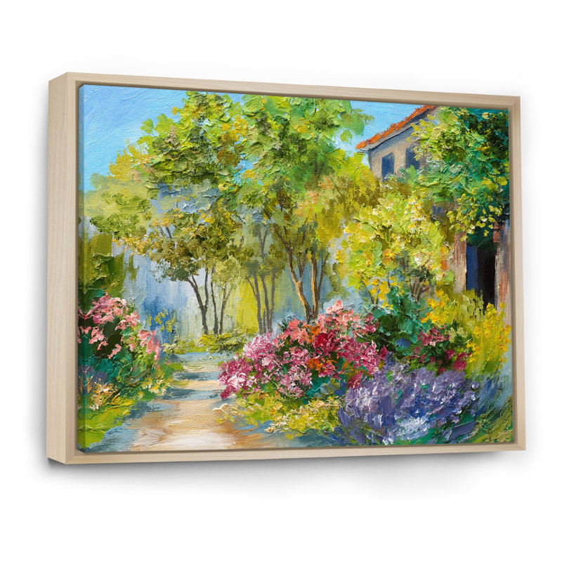 Fleurs colorées dans la maison méditerranéenne - reproduction d'art sur toile, H 12 po x l 20 po x P 1 po
