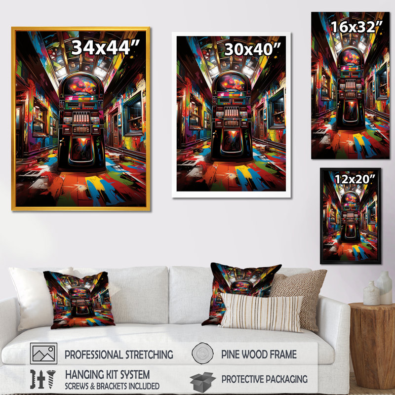 Jukebox Machine Neon Grooves 2 - Jukeboxes, art mural, Cadre photo doré simple, H 40 po x l 30 po x P 1,5 po