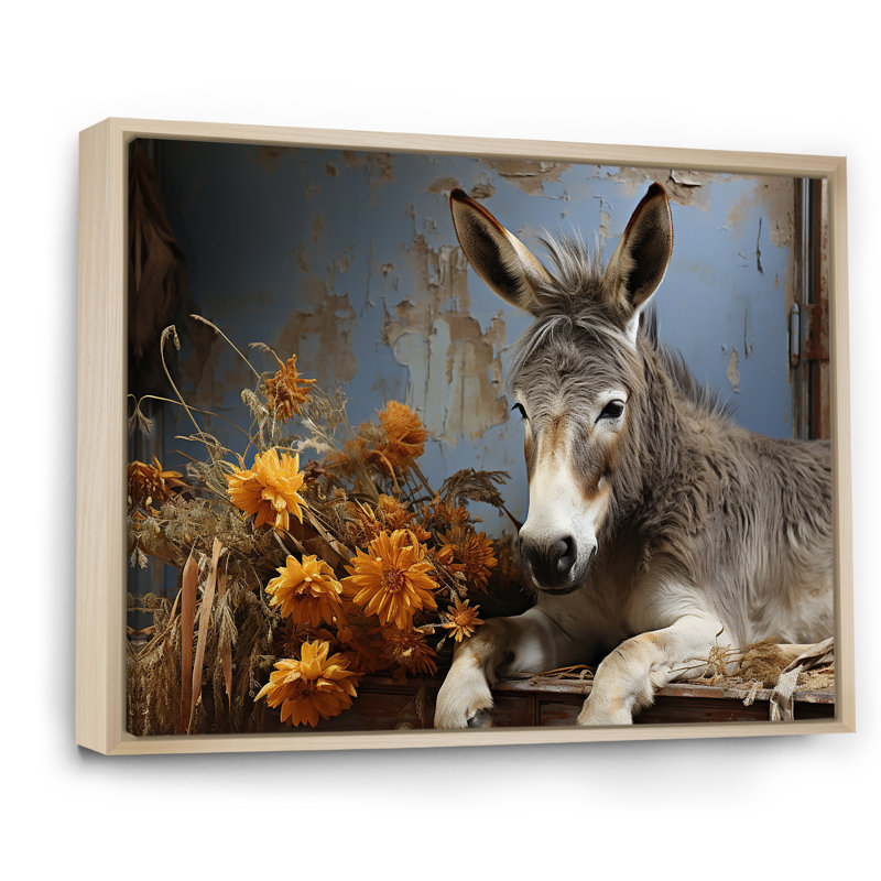 Farmhouse Donkeys Flower Charm I - âne, art mural, Cadre flottant brun, H 30 po x l 40 po x P 1,5 po