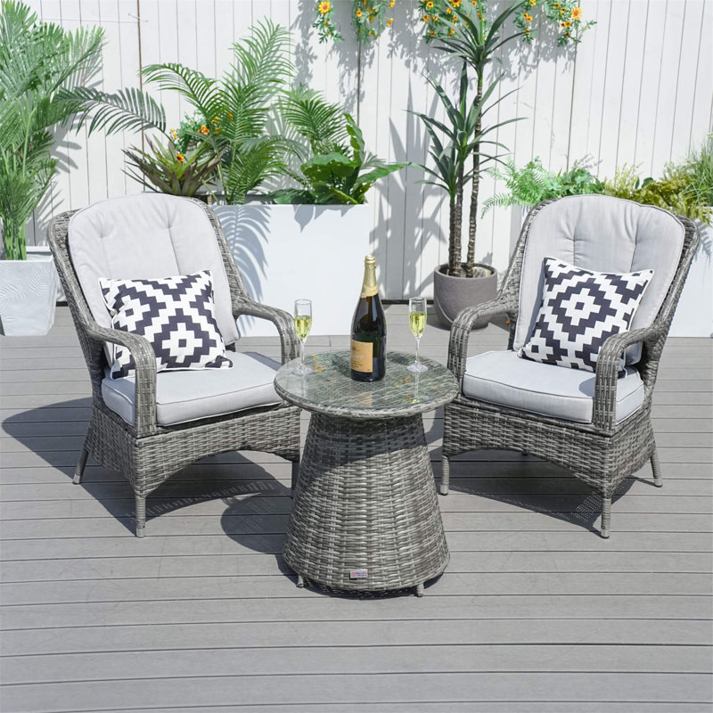 Abrihome 3-piece Outdoor Bistro Set With Round Pe Wicker Table And Cushioned Chairs, Gray