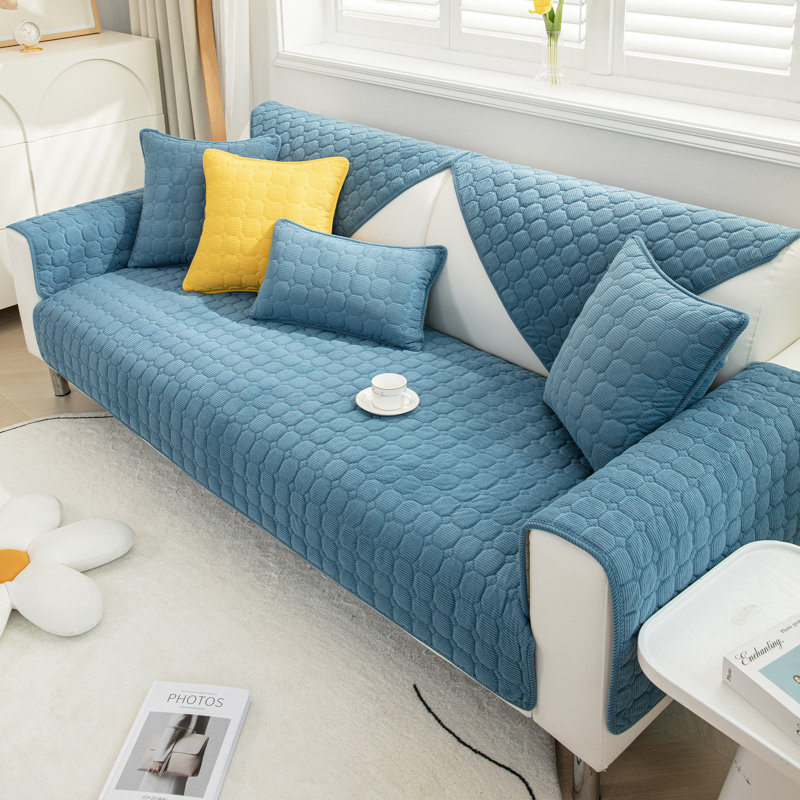 Housse en velours côtelé pour canapé à coussins carrés (sauf les accoudoirs ou la housse arrière), L 28 po x P 59 po, Bleu