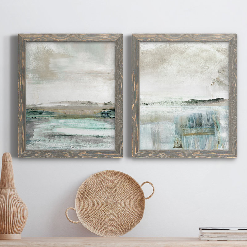 Summer Teal I - ensemble de 2 peintures sur toile encadrées, H 20 po x l 34 po x P 1,5 po, Encadré gris