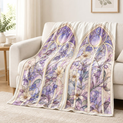 Jeté en verre teinté artistique - motif de lune céleste, design en arc gothique, mauve violet, ultra doux, léger, respirant, toutes saisons, décoratif, pour le canapé et le salon