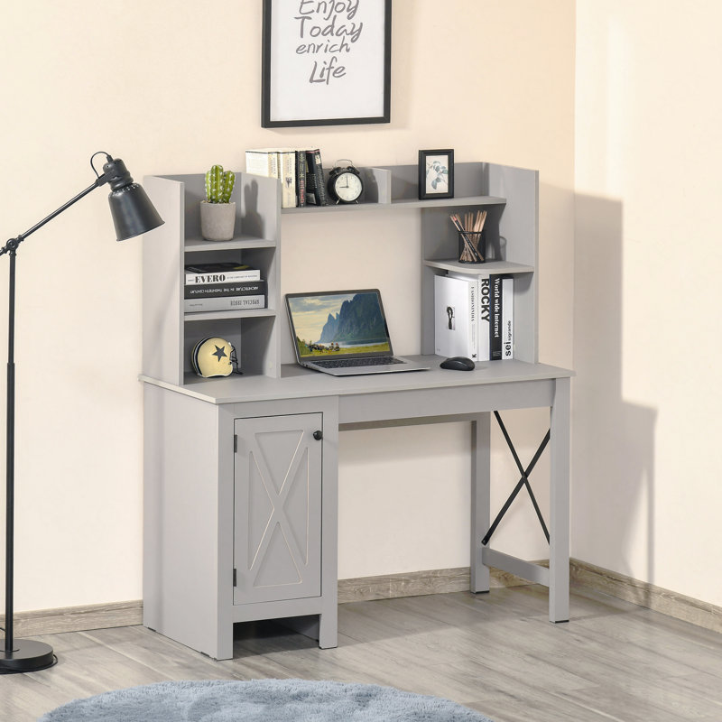 Bureau d'ordinateur de ferme avec huche et armoire, bureau à domicile avec rangement, pour bureau, gris clair