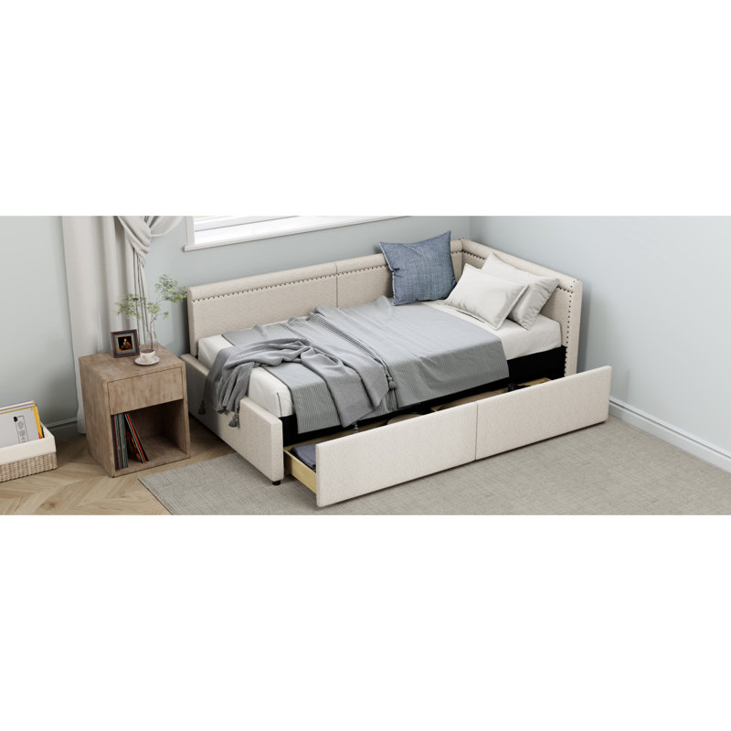 Lit de jour en L simple rembourré en lin beige, deux tiroirs de rangement, lit de jour confortable pour jouer avec du tissu, utilise efficacement les espaces de coin