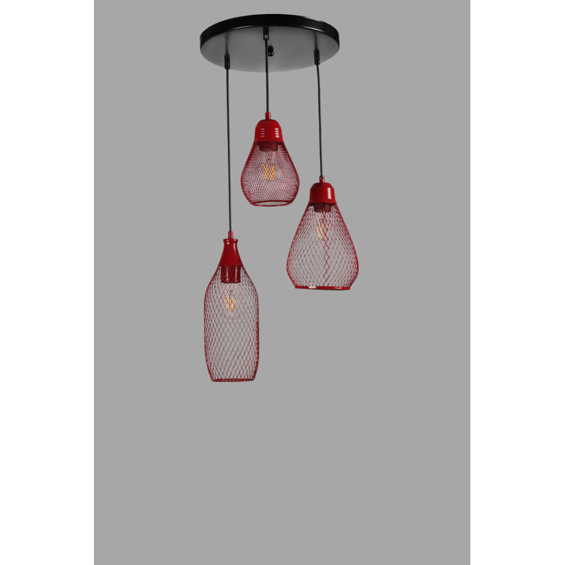 Elegant Adjustable Chandelier, Red & Black Metal Body, 11 x 17 in, 15 x 23 in, 12 x 30 in | Base Plate: 12 in | 3 x E27 Socket (Max 40W) | Modern Lighting for Dining Room, Living Room, and Entryway | IP20 Rated