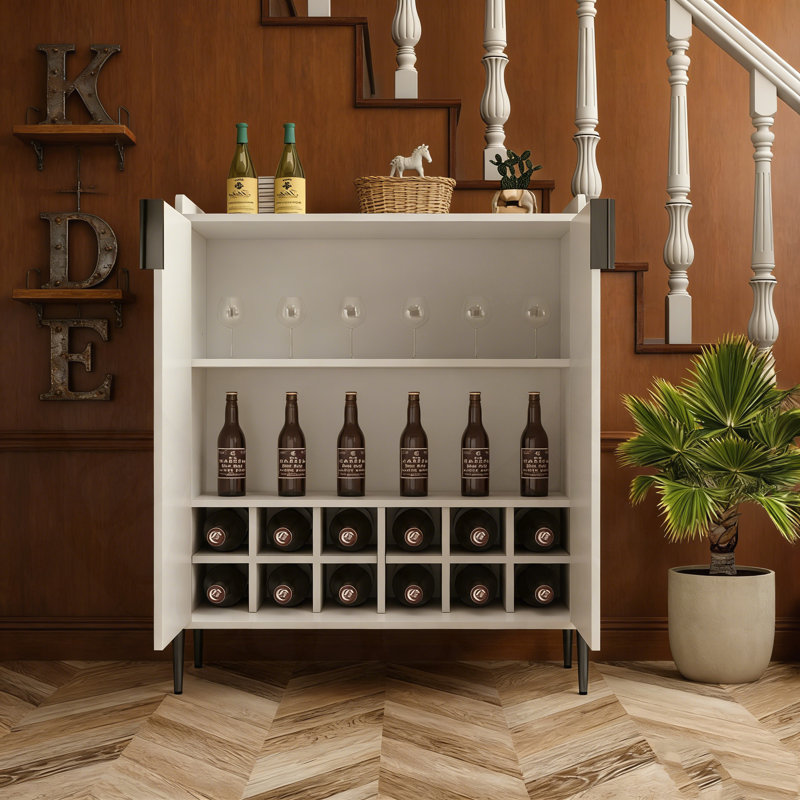 Armoire à vin moderne à 2 portes avec support pour 12 bouteilles, tablette réglable et charnières à fermeture douce pour la salle à manger ou le salon