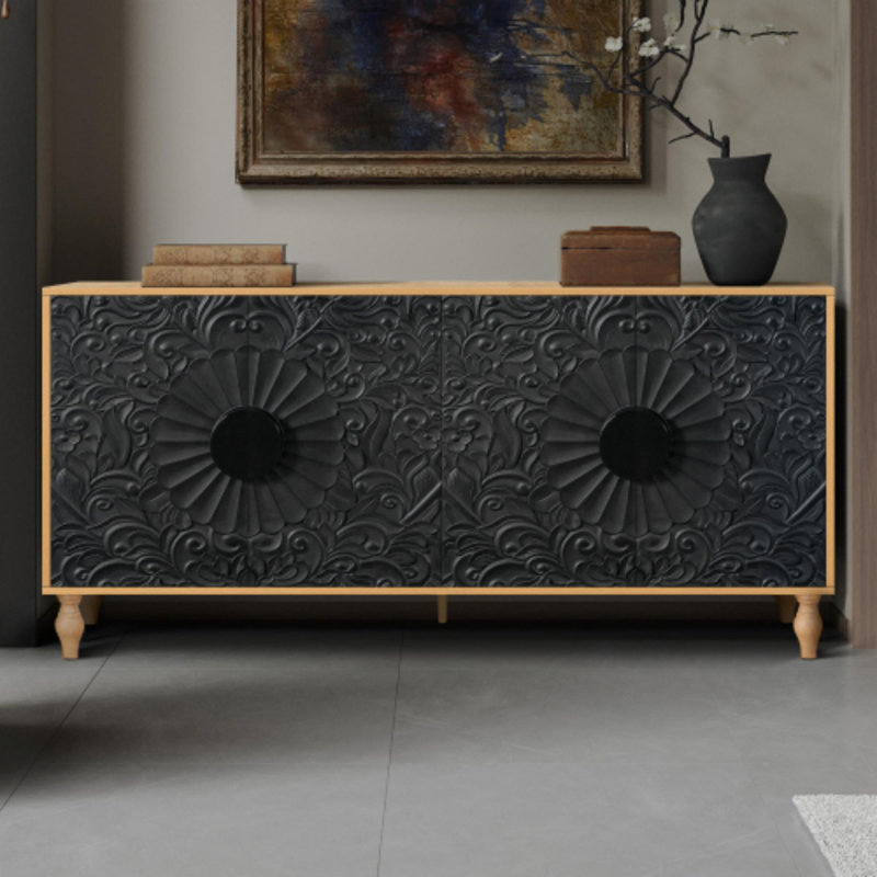 Meuble télé avec cadre en bois sculpté, Noir + Naturel