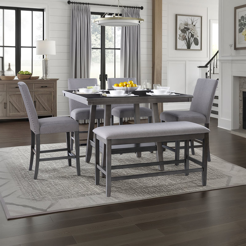 Barneveld Upholstered Dining Set, 6 Pieces: Table, Bench, 4 Chairs