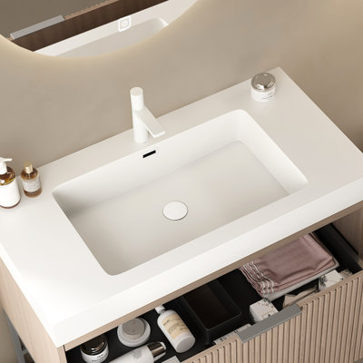 36" Bathroom Rectangular Undermount Basin - White Solid Surface, Modern & Scandinavian Look, Scratch-, Wear-, Easy To Maintain, Faucet Hole And Overflow, Sink Cover Expandable Drain Pipe Included,