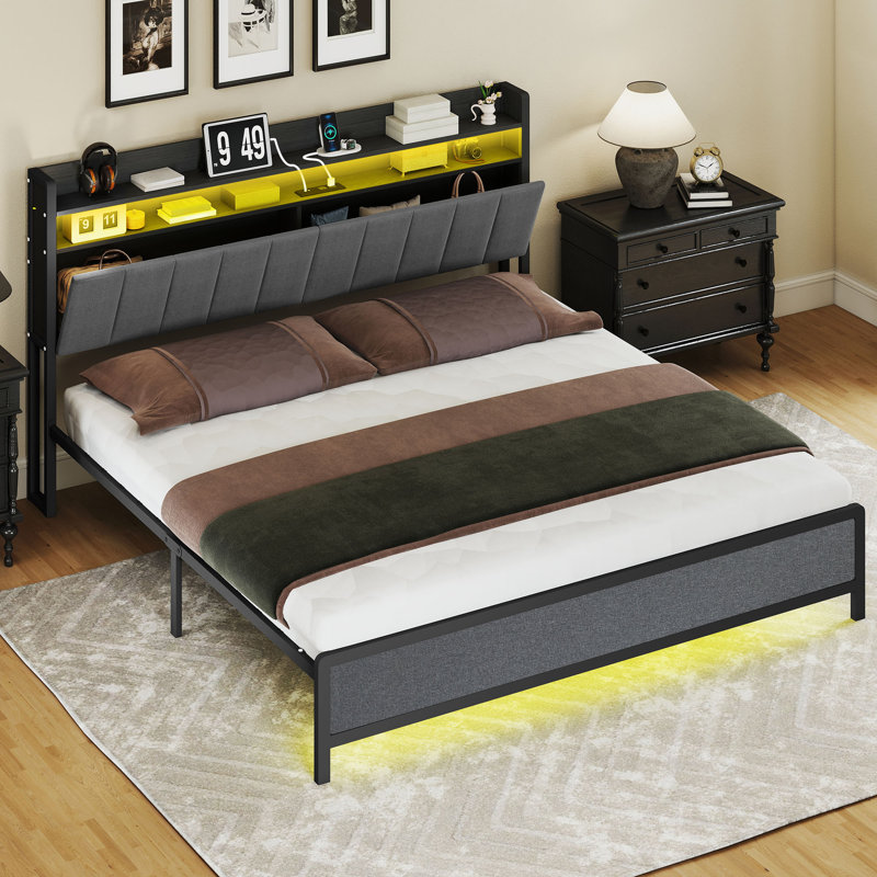 Lit de rangement rembourré avec lumières DEL, Brun rustique