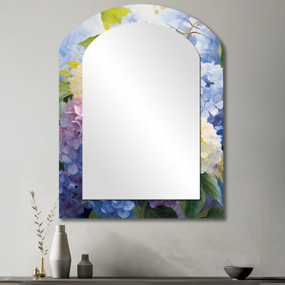 Bleu et mauve, hortensias éternelles fleurs I - miroir en arc d'hortensia, miroir mural asymétrique bleu unique, impression d'art en métal