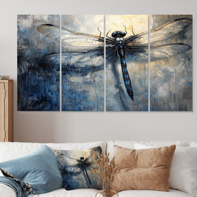 Blue Dragonfly's Moonlit Flight I - Dragonfly Animal Canvas Art Set