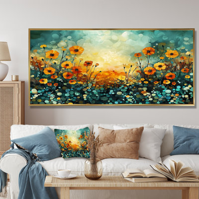 Coucher de soleil sur le champ de souci des couches d'émeraude I - Art mural souci