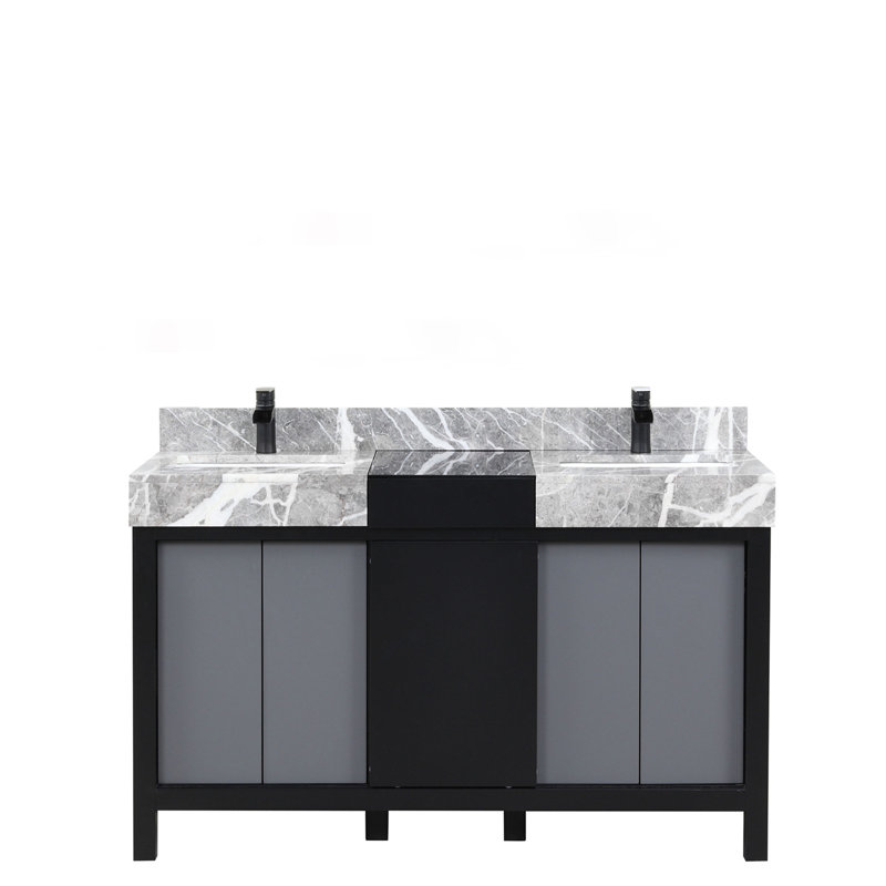 Double Bath Vanity with Castle Grey Marble Top and Matte Black Faucet Set