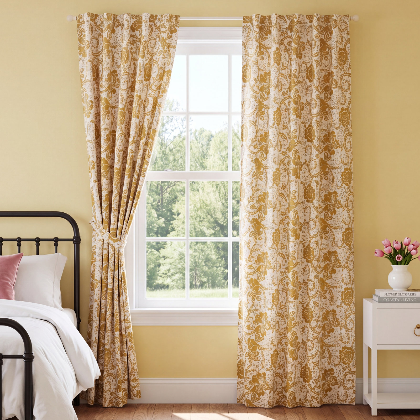 Floral Cotton Rod Pocket Curtain, 50" W x 96" L