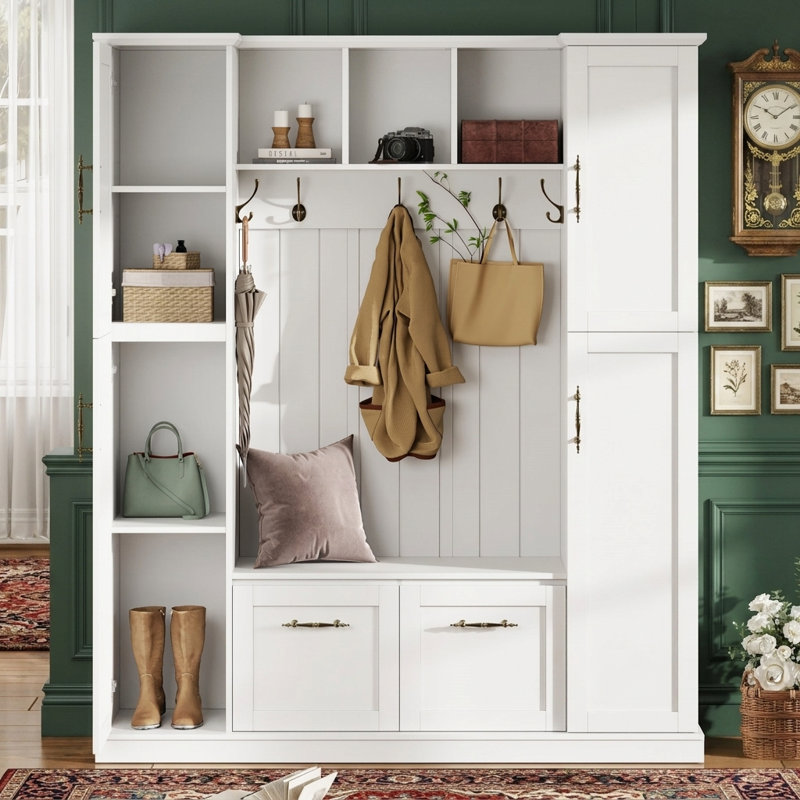 Hall Tree With Storage Bench, Entryway Organization, Cabinets With Adjustable Shelves, Open Cubbies, Modern Farmhouse, Mudroom