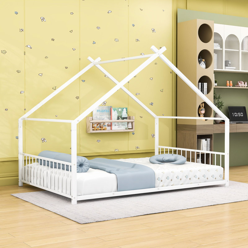 Charming House-Inspired Metal House Bed With Slats, Full, White