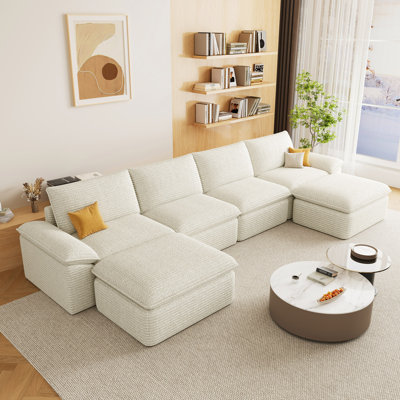 Boneless 141" Modular Cloud Couch - Oversized 6-Seater U-Shaped Sectional with Ottoman, Soft Plush Corduroy Sofa for Living Room, in a Box (Black, U Shaped-4 Seater+2 Ottomans)