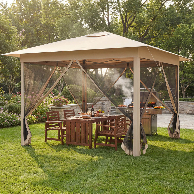 Auvent escamotable 11,5 X 11,5 pi avec filet grillagé, évent, 4 portes, Beige