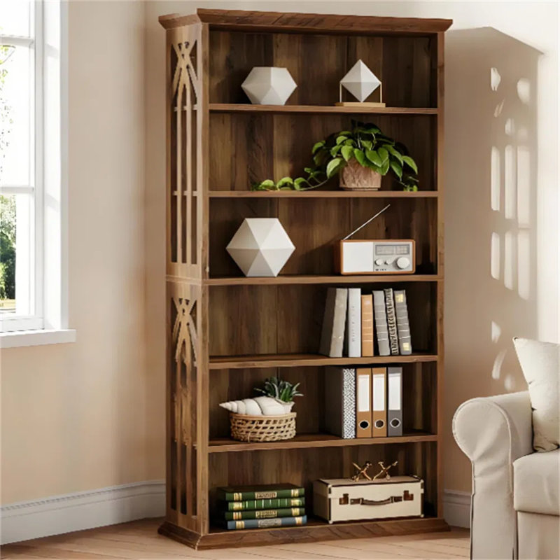 Bibliothèque moderne brune avec motifs élégants, présentoir réglable à 6 niveaux et support de rangement, tablette autoportante de 74,8 po de hauteur avec une capacité de 350 lb pour le salon, la chambre à coucher et le bureau