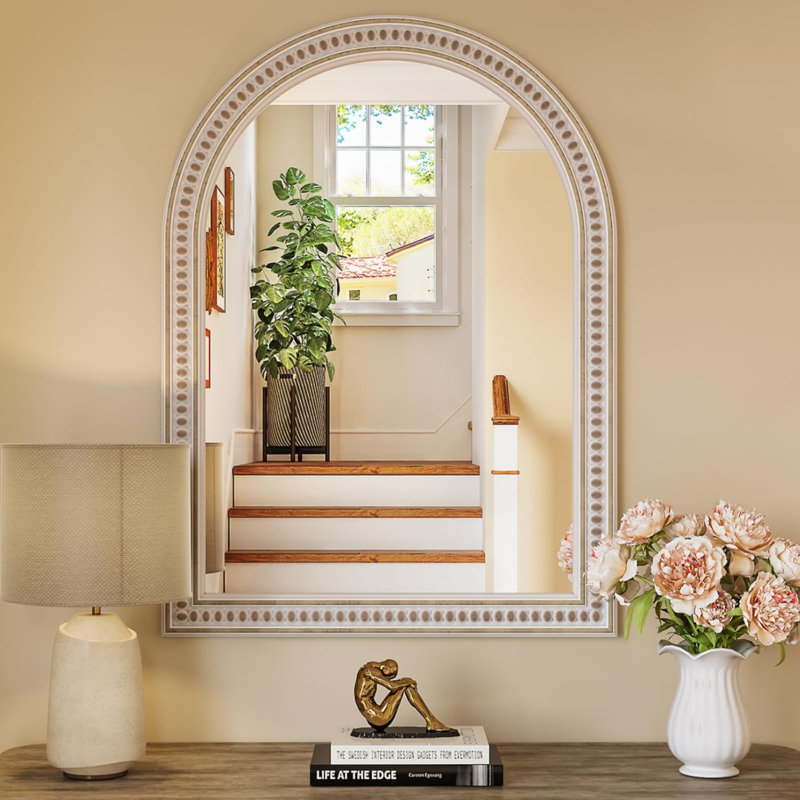  30''x22'' Arch Wall Mirror With Wood Beaded Frame, 30" x 22"