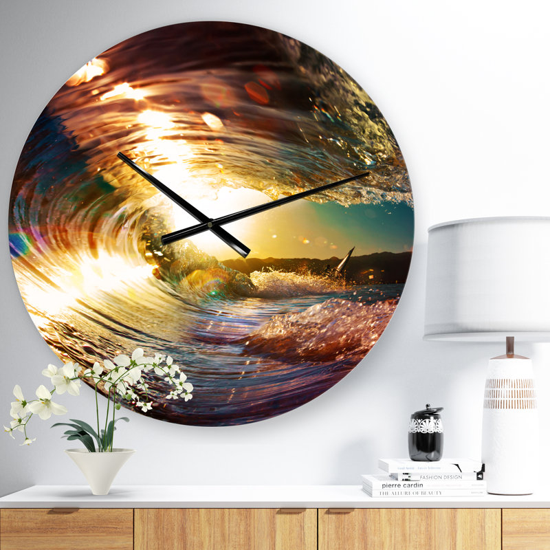 Horloge murale bord de mer, Moyenne, Vagues de l'océan colorées tombant vers le bas I