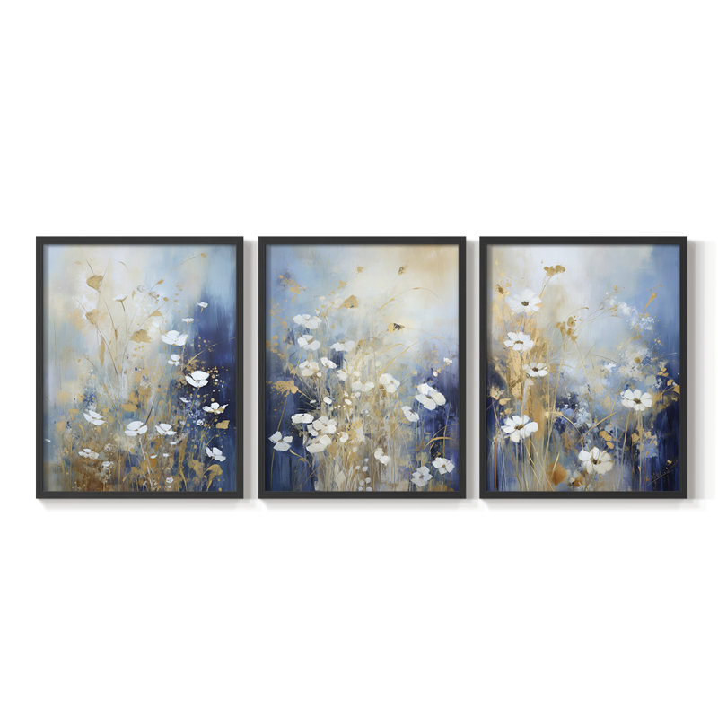 Floral Study  Series  XC  -Set Of 3 Framed Giclee Prints -Ready to Hang, 14" H x 33" W, Black