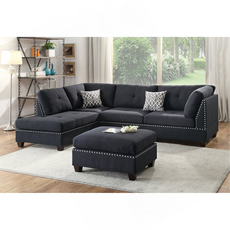 Reversible Polyfiber Sectional Sofa With Ottoman, Black