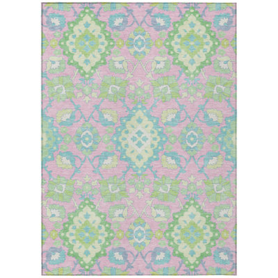 3' X 5' Pink Green And Blue Oriental Washable Indoor Outdoor Area Rug
