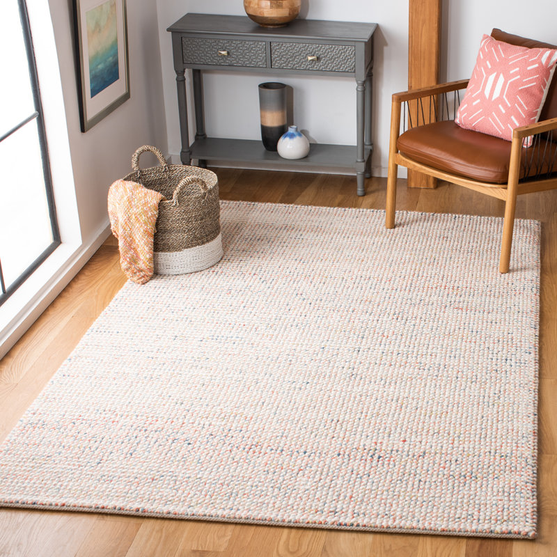 Ivory and Pink Hand-Knotted Wool 5' x 8' Area Rug