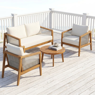 Ensemble de canapés d'extérieur 4 pièces avec structure en bois d'acacia, corde et coussins beiges - sièges de patio au fini teck